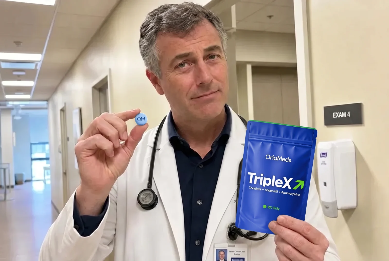 Urologist handing a patient the TripleX rapid-dissolve tablets during a consultation